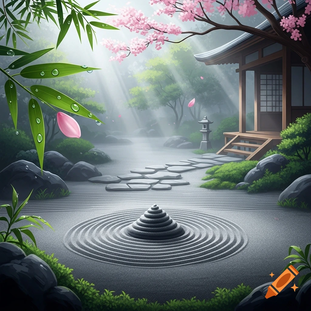 A serene Japanese zen garden with a raked gravel circle, stone pagoda, cherry blossoms, bamboo, and a traditional house under soft light.