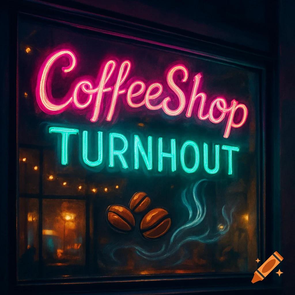 A vibrant neon sign for 'CoffeeShop TURNHOUT' glows in a window at night, featuring coffee beans and steam art.
