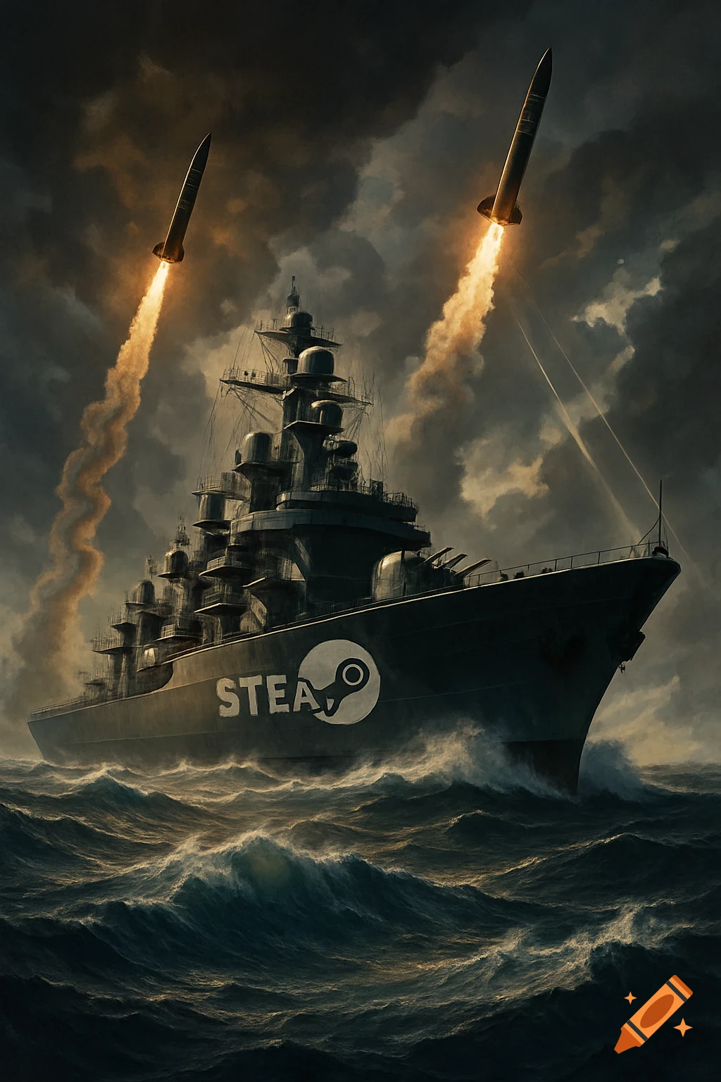 A dark warship with the Steam logo on its hull fires two glowing ICBM missiles into a stormy, dark sky over churning waves.