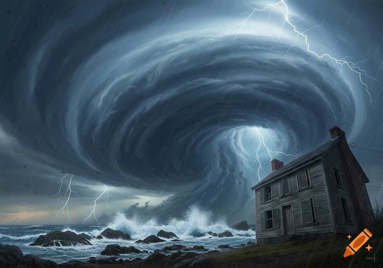 A dramatic scene of a massive hurricane with lightning and heavy rain approaching an old wooden house on a rocky ocean coastline.