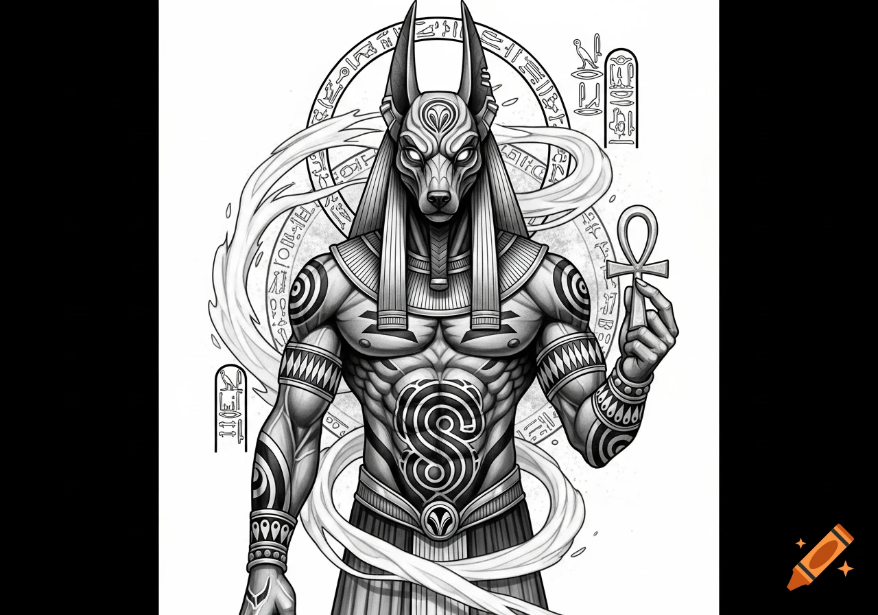 Black and white tattoo concept art of the Egyptian god Anubis, depicted with a jackal head, muscular body, ornate jewelry, holding an ankh, with hieroglyphics in the background.