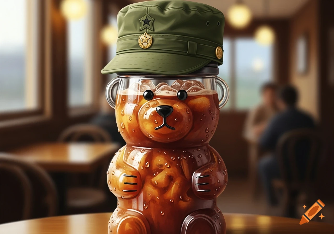 Photorealistic glass bear-shaped cup of iced coffee with an army hat lid, on a table in a cafe.