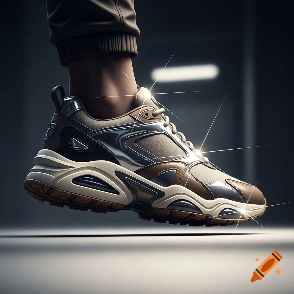 A modern beige, brown, and metallic silver athletic shoe is worn on a leg, hovering above a reflective surface with sparkling light streaks.