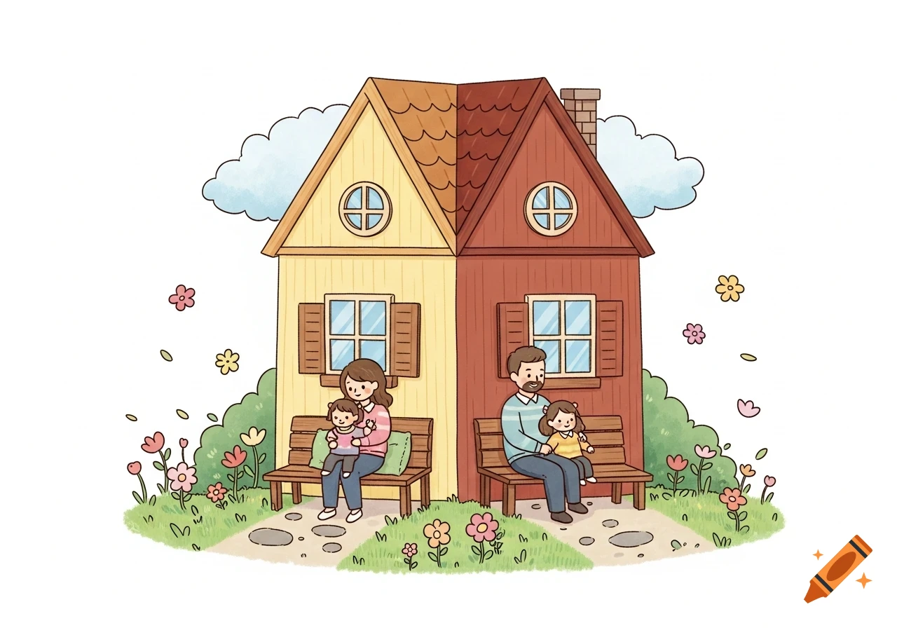 Cartoon illustration of a split house (yellow and red-brown) with a mother and child on one side, and a father and child on the other, in a colorful garden.