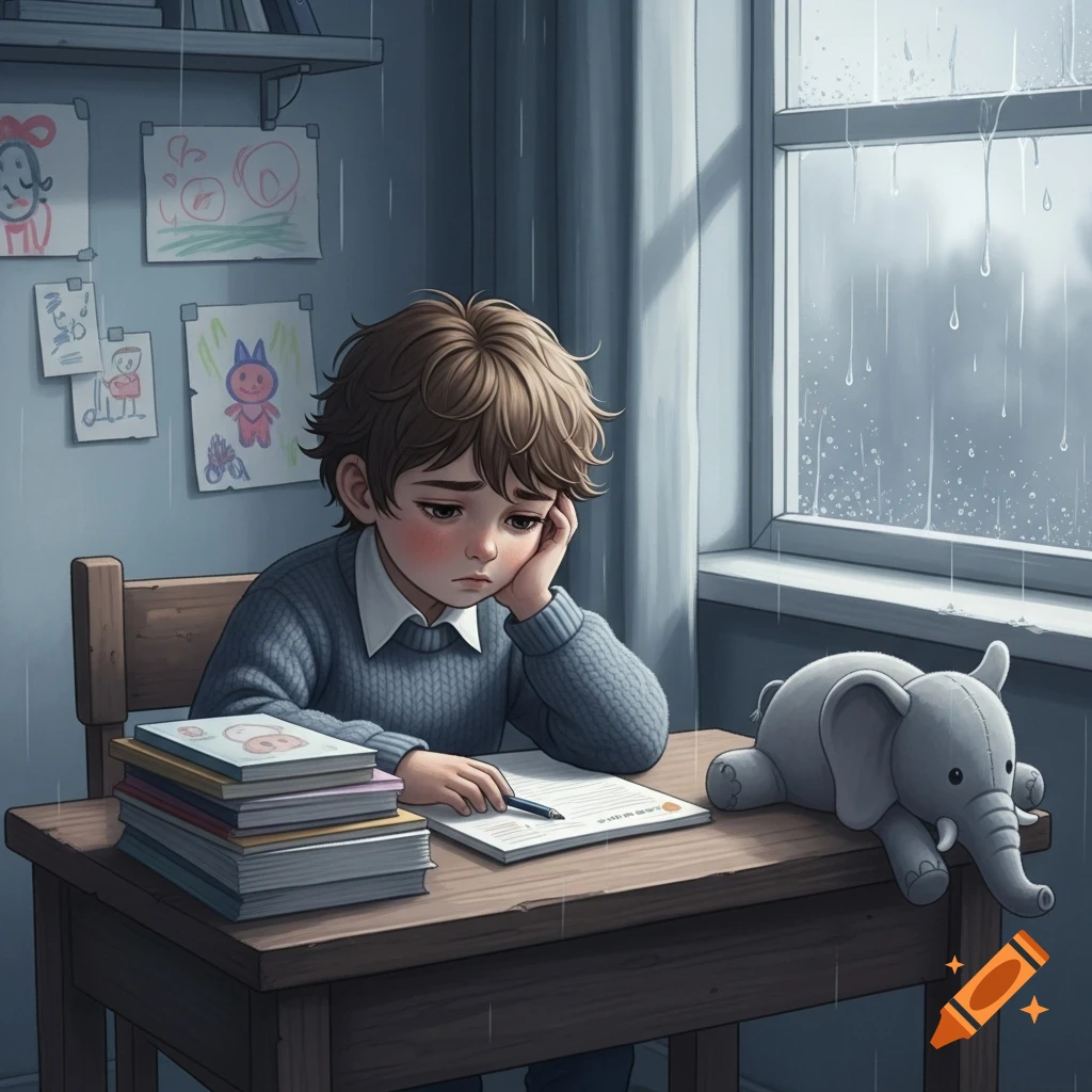 A sad boy sits at a desk with books and a paper, looking out a window at rain, with a stuffed elephant beside him, in an illustration.