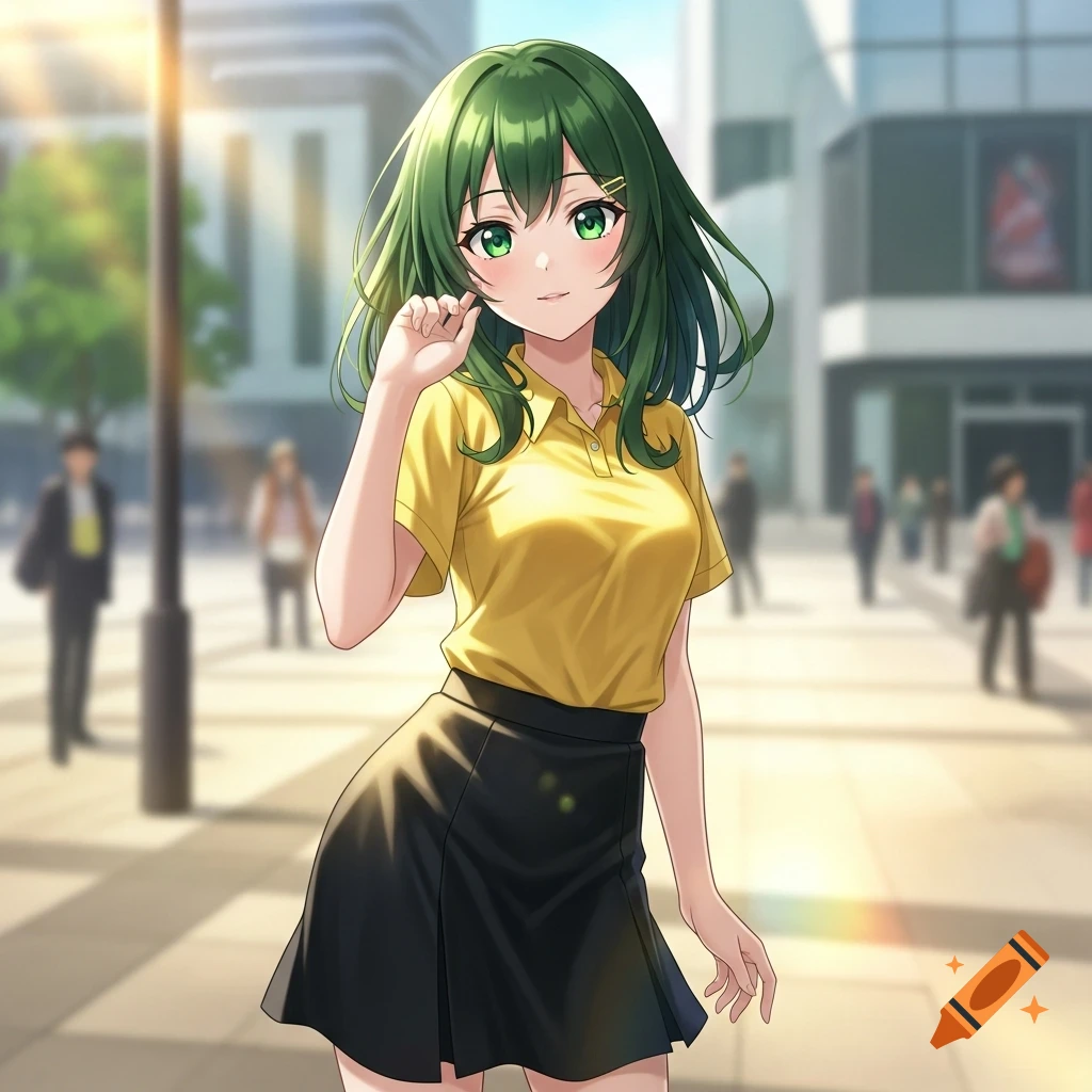 Smiling anime girl with green hair and eyes, wearing a yellow polo and black skirt, posing on a sunny urban street.