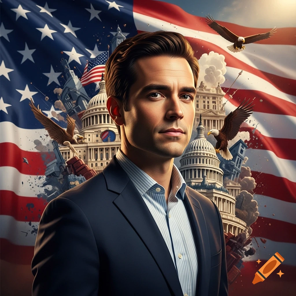 Man in a suit standing before a waving American flag with US Capitol buildings and eagles in the background, in a photorealistic style.