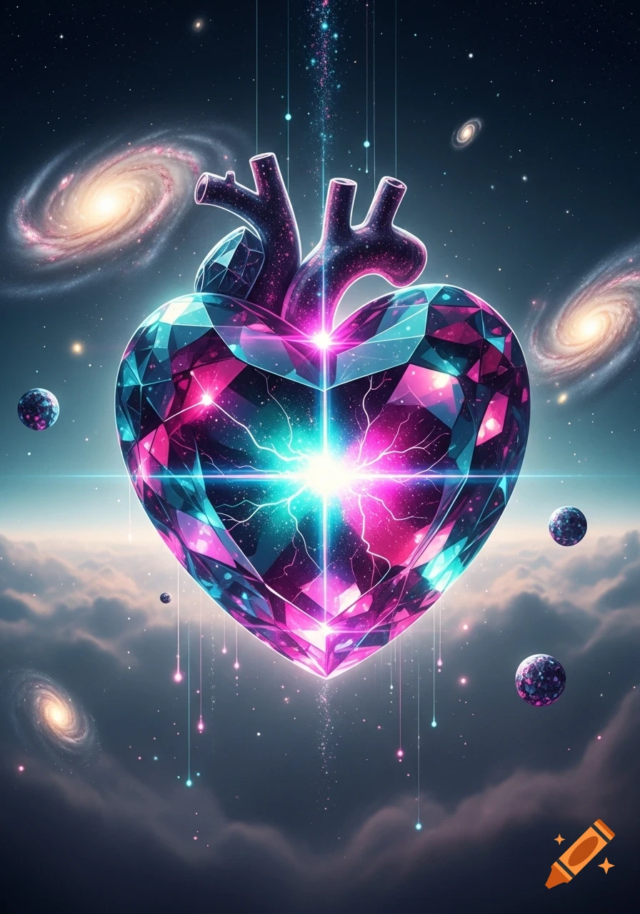 A glowing, multifaceted crystal heart floats in a cosmic sky with galaxies and clouds, rendered in a vibrant sci-fi style.