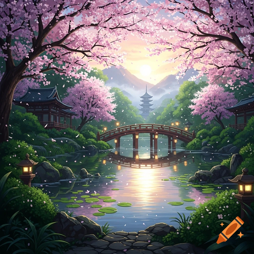 Vibrant illustration of a Japanese garden with pink cherry blossoms, a pond, an arched bridge, and traditional pagodas at sunset.