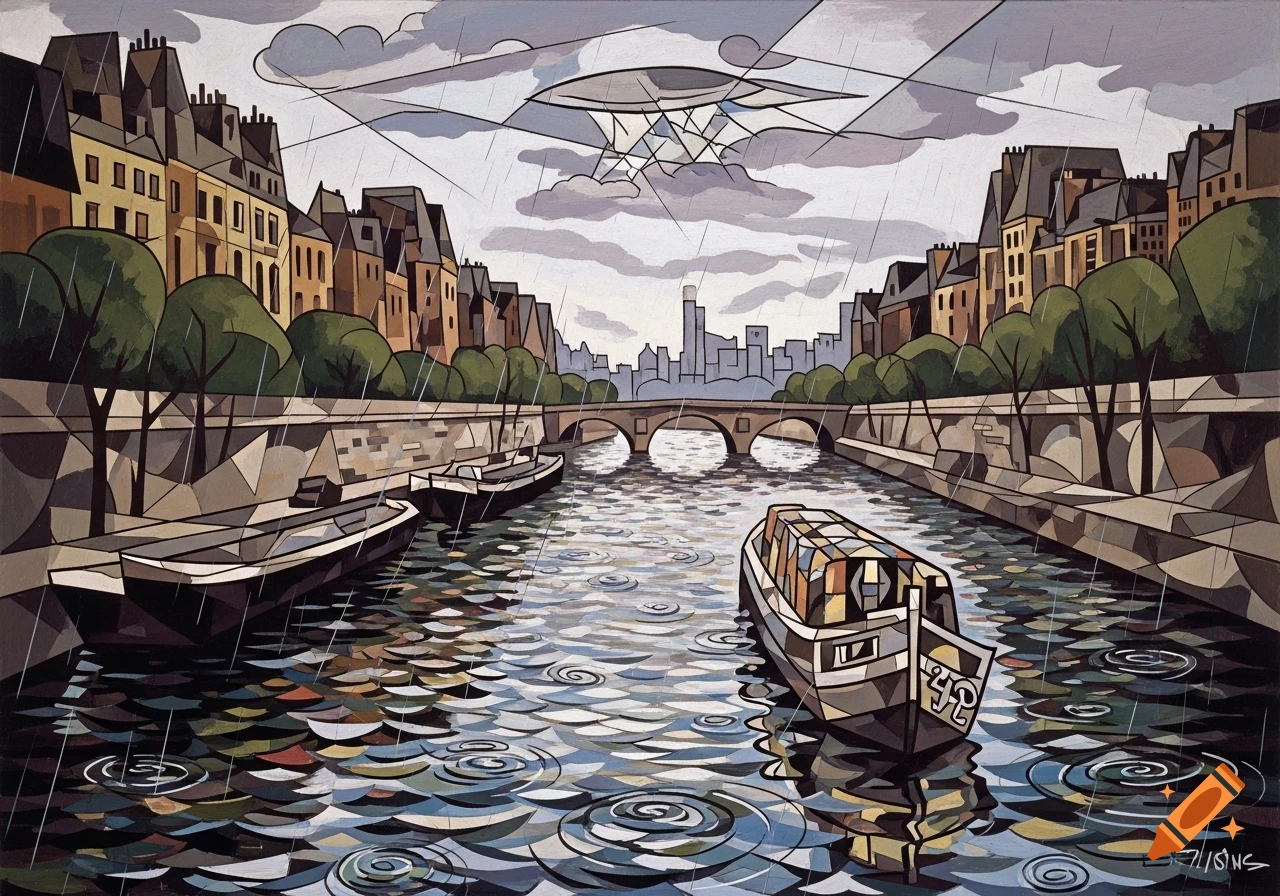 Cubist painting of a rainy morning on the Seine river with buildings, boats, a bridge, and raindrops.