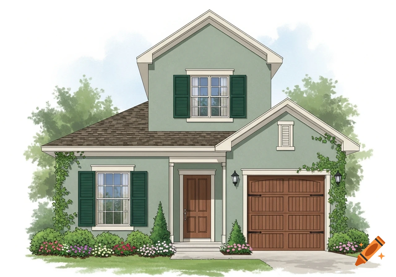 An illustration of a sage green house with a brown door, garage doors, dark green shutters, and flowering bushes.