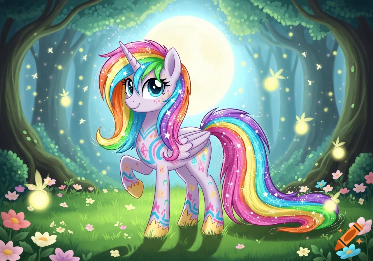 A cartoon unicorn with a rainbow mane and tail stands in a magical forest under a full moon, surrounded by glowing fireflies and colorful flowers.