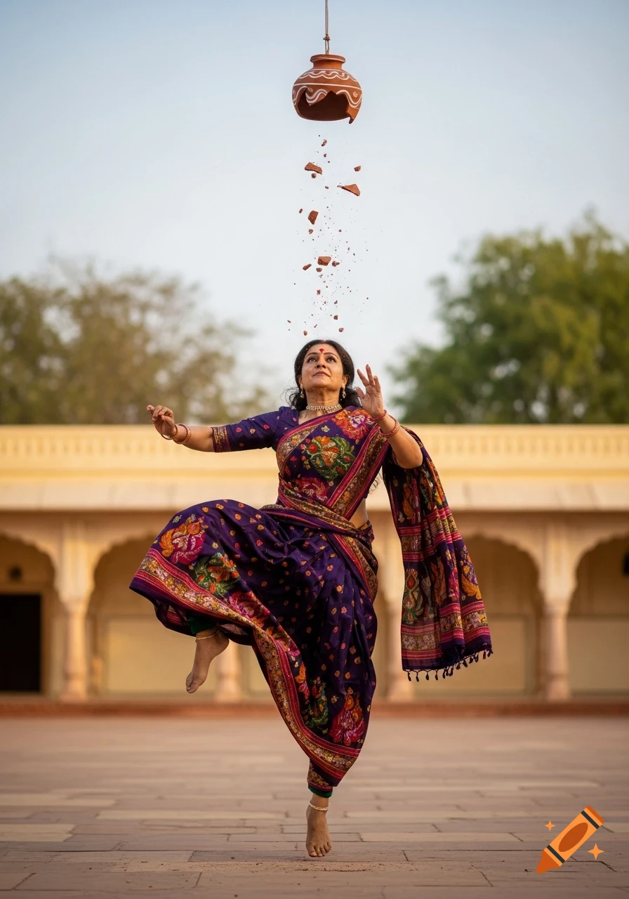 A barefoot Indian woman in a purple saree jumps to kick and break a hanging clay pot in a courtyard.