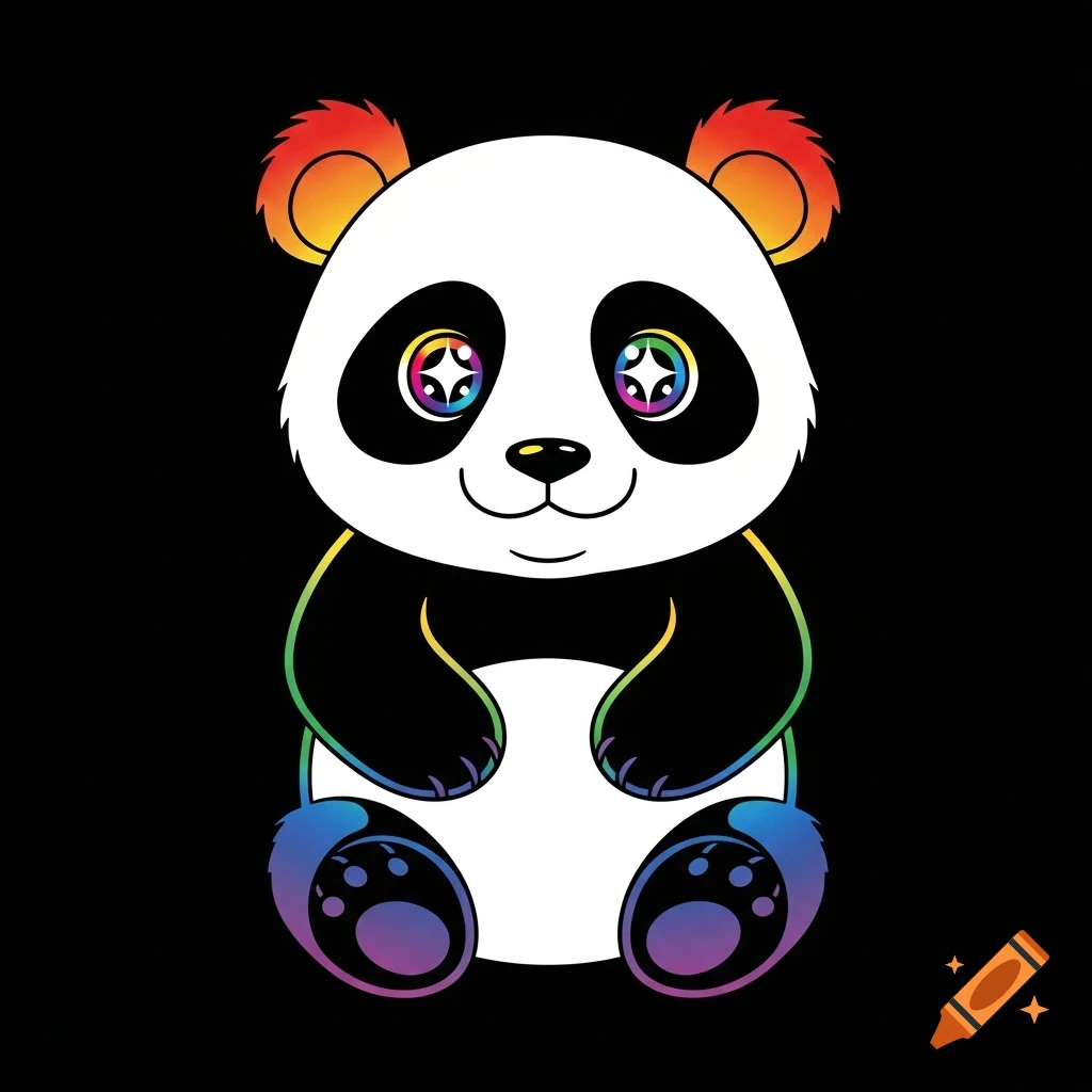 A bold, simple illustration of a rainbow panda with enormous, shiny rainbow eyes on a pure black background.