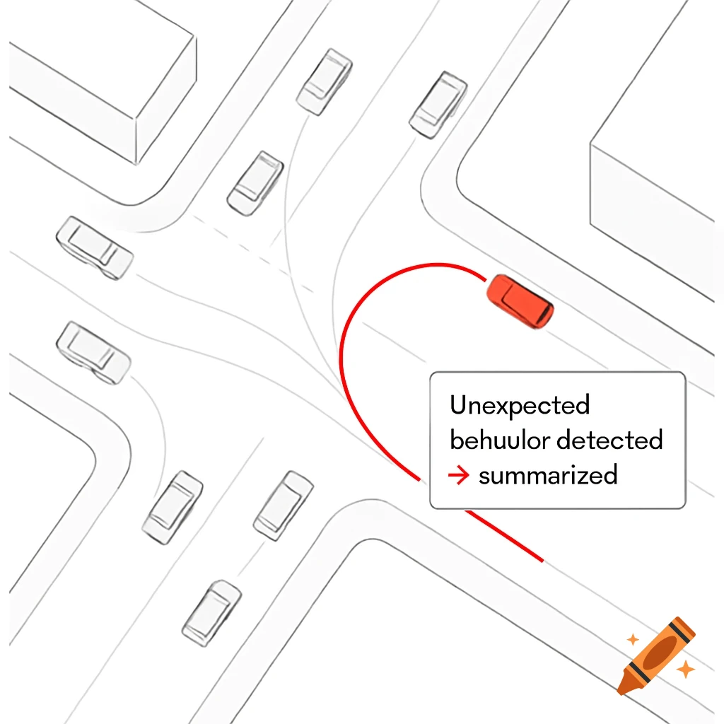 A bird's-eye view schematic diagram of an urban intersection with multiple gray cars following normal trajectories and one red car making an unexpected sharp left turn, with an annotation about unexpected behavior.