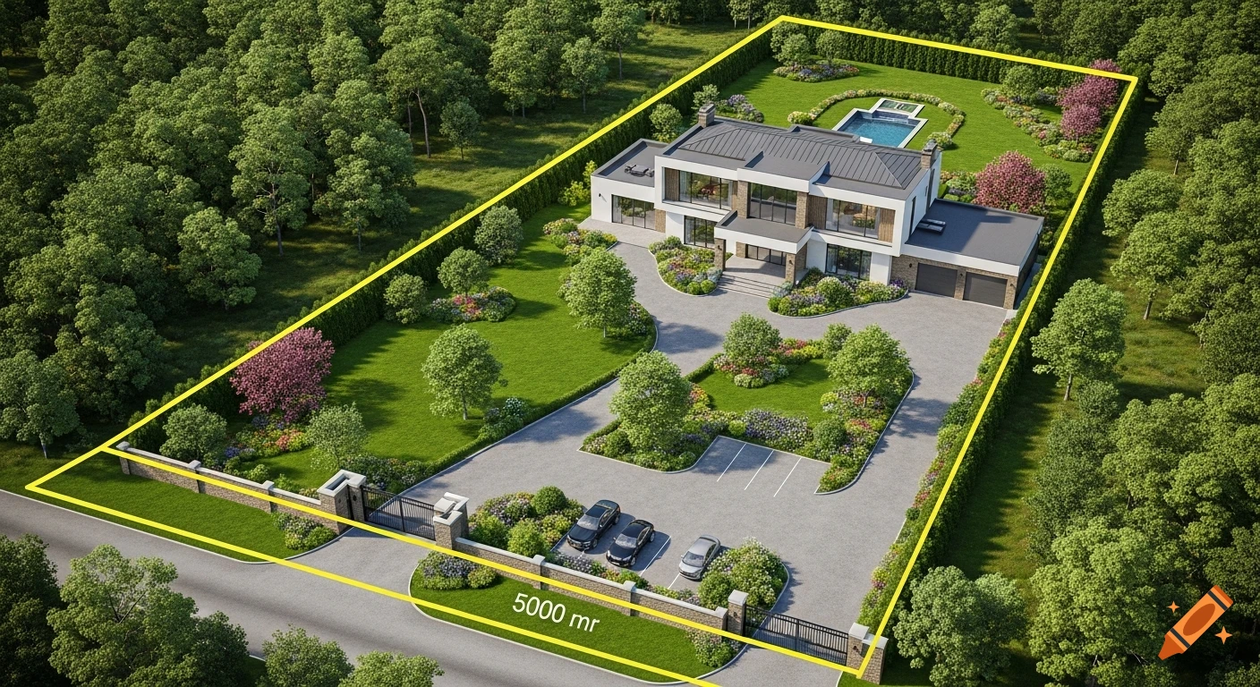 Aerial view of a luxurious modern house with extensive landscaping, a swimming pool, and a gated driveway, surrounded by trees on a sunny day.