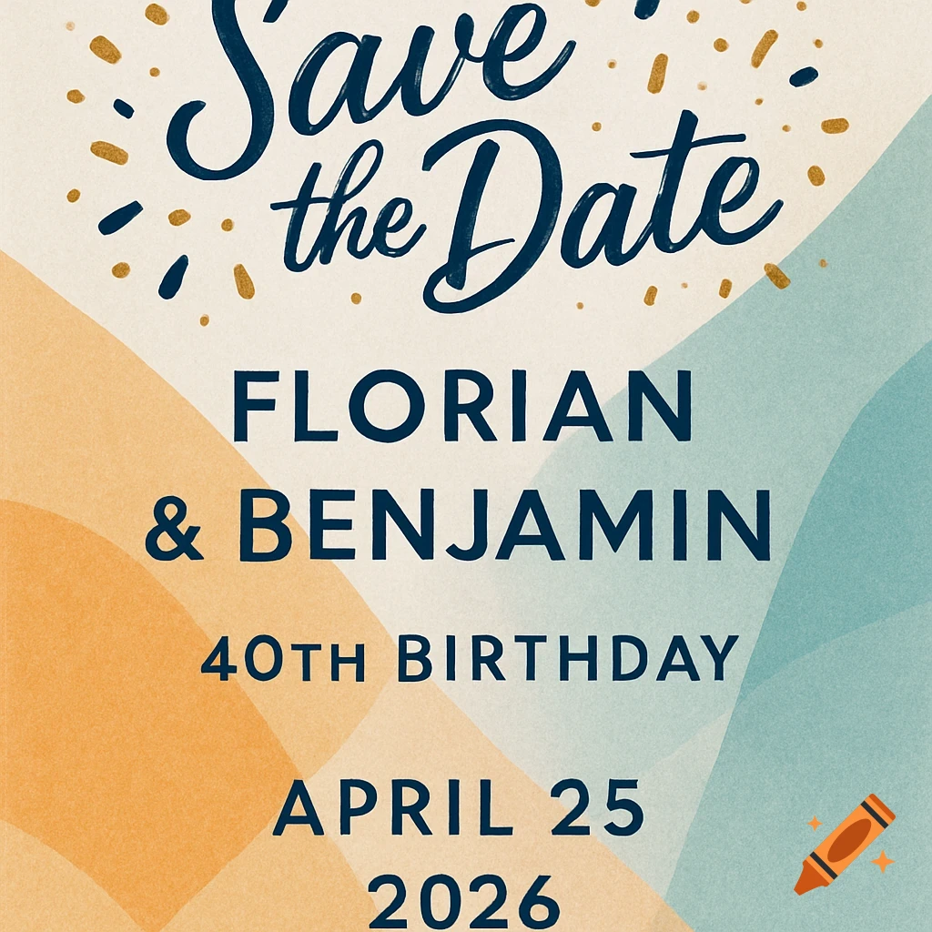 A 'Save the Date' invitation card for Florian and Benjamin's 40th birthday on April 25, 2026, with a modern abstract design.