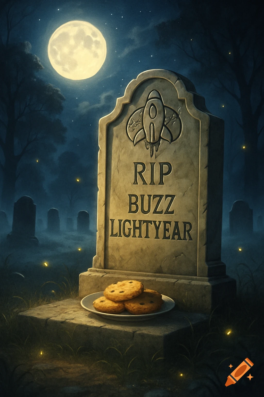 A tombstone in a dark graveyard under a full moon, reading 'RIP Buzz Lightyear', with a plate of chocolate chip cookies at its base.