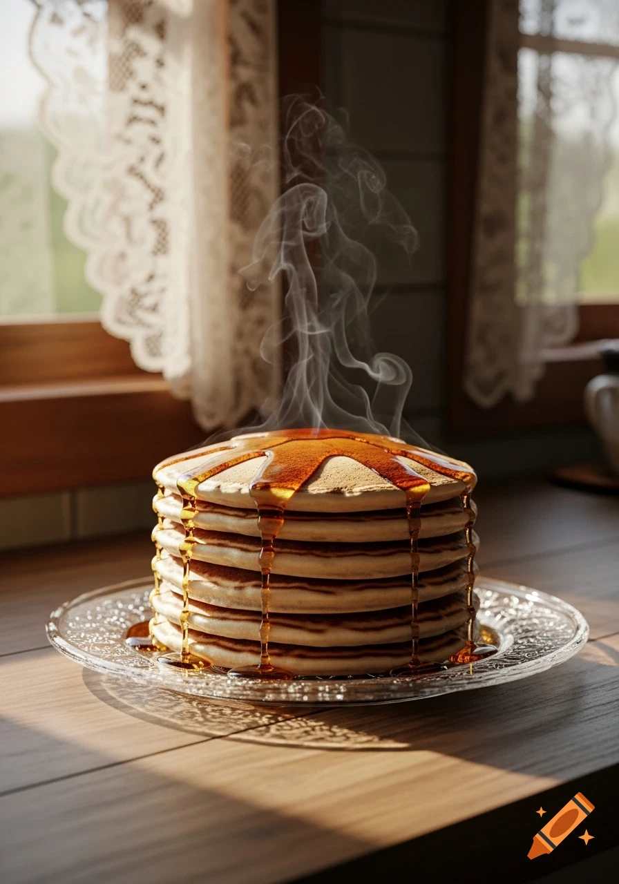 Steaming stack of pancakes with syrup dripping down, on a clear glass plate by a sunlit window with lace curtains.