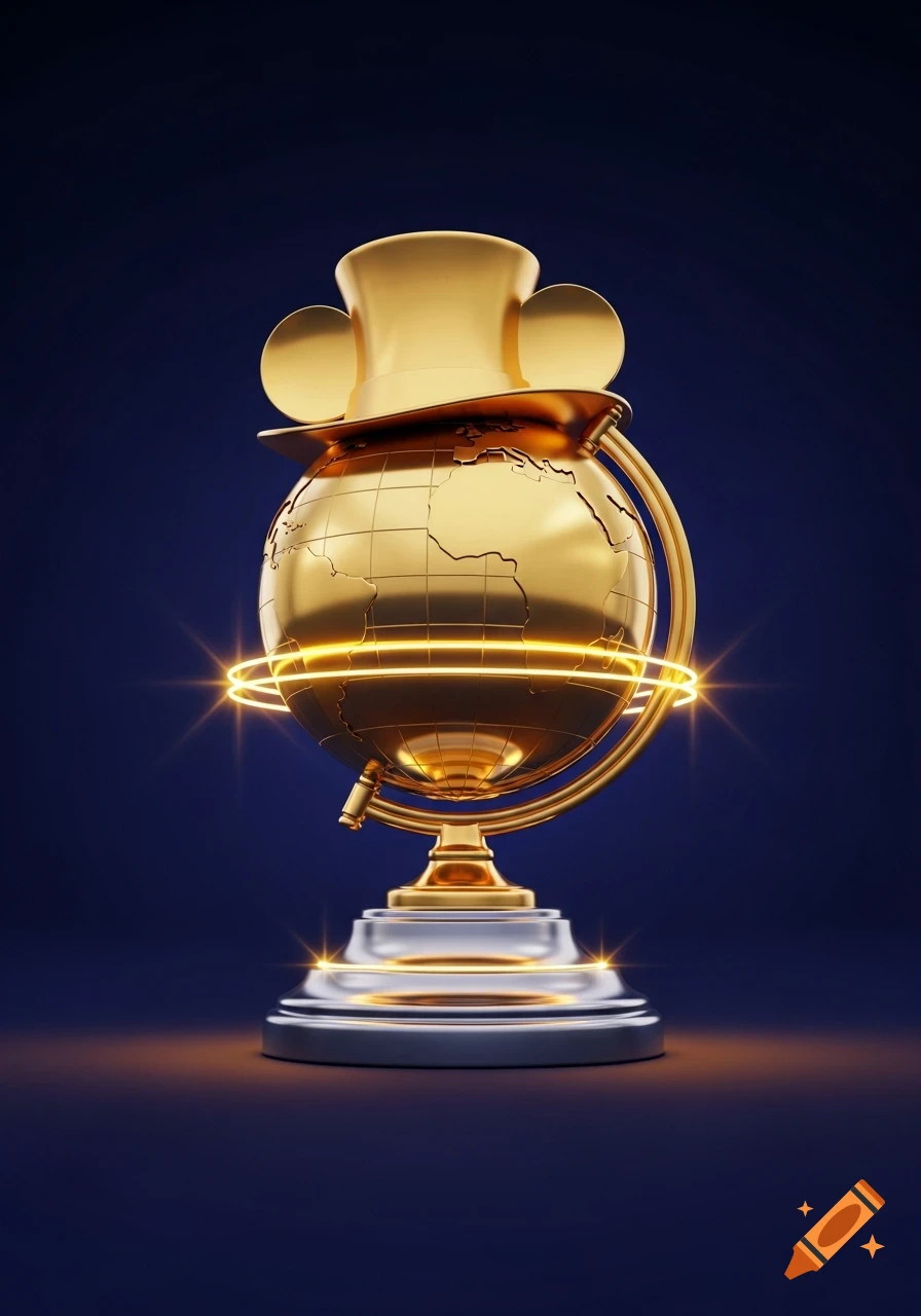 A shiny golden globe trophy with a top hat and mouse ears, glowing with light against a dark blue background.