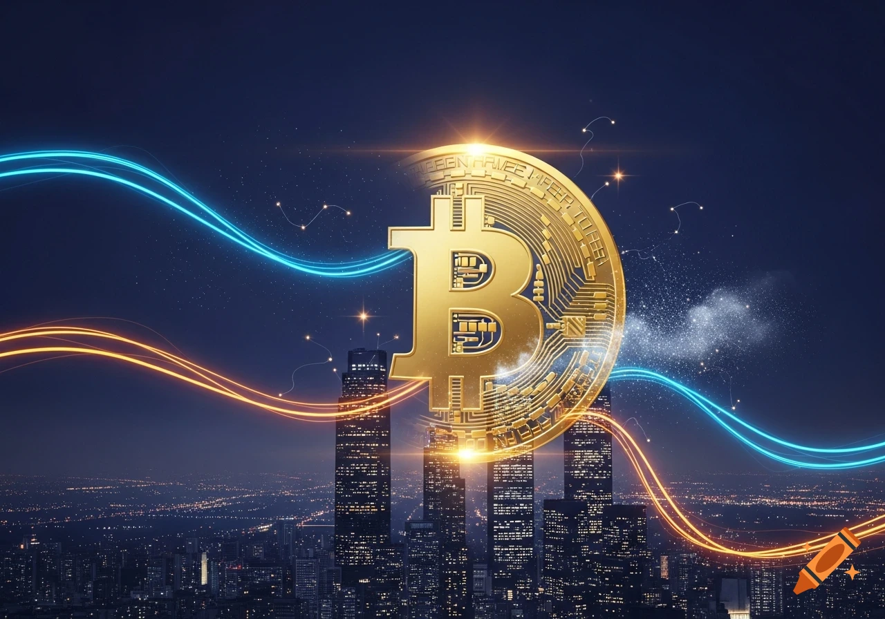 Golden Bitcoin symbol hovering over a futuristic city skyline with glowing blue and orange light trails.