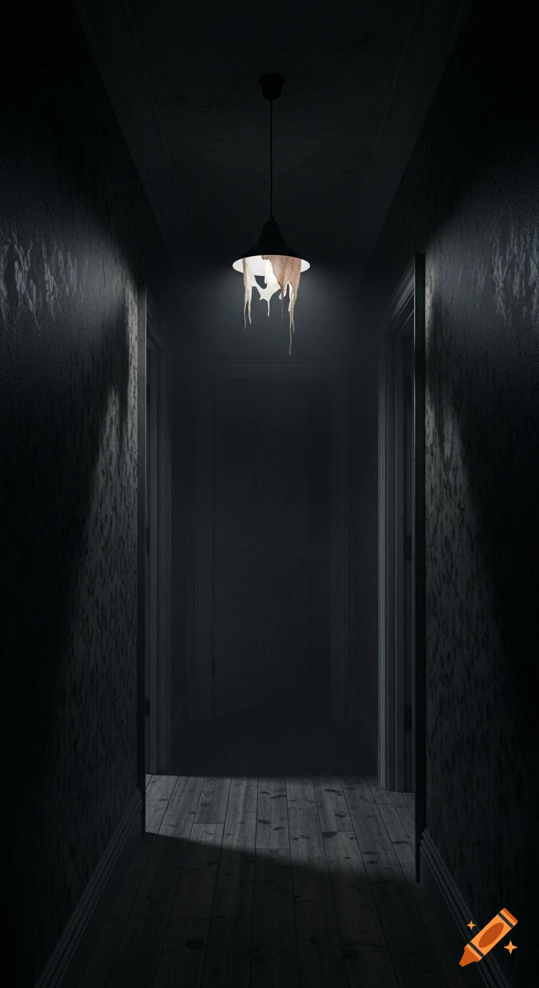 A dark, narrow, old hallway in a London flat with a broken, dripping light fixture casting faint light and long shadows.