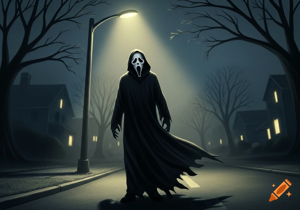 Ghostface character in a black robe stands on a dark, misty suburban street under a streetlamp at night, digital art.