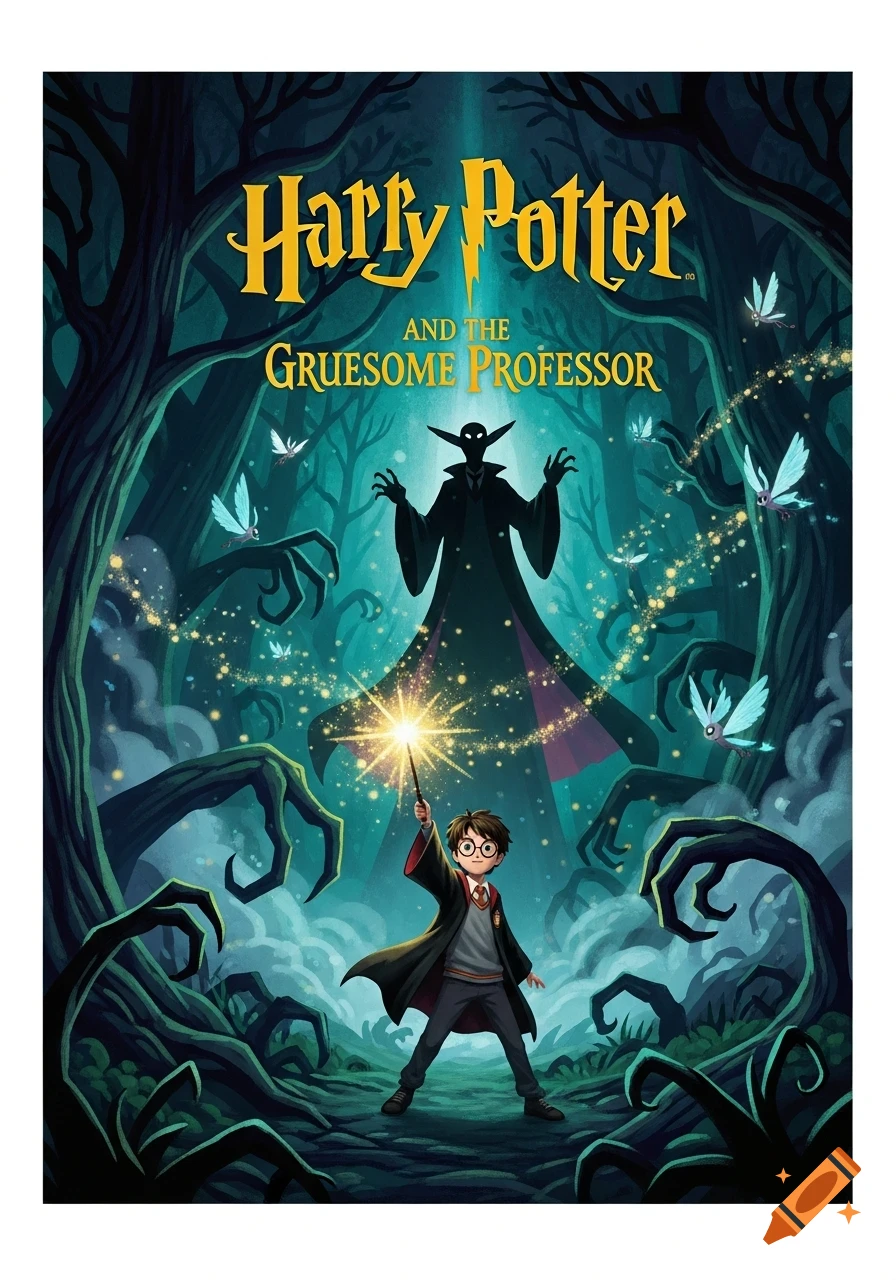 Illustration of a young Harry Potter with a glowing wand in a dark forest, facing a tall, shadowy villain with long fingers. Book cover text 'Harry Potter and the Gruesome Professor' is at the top.