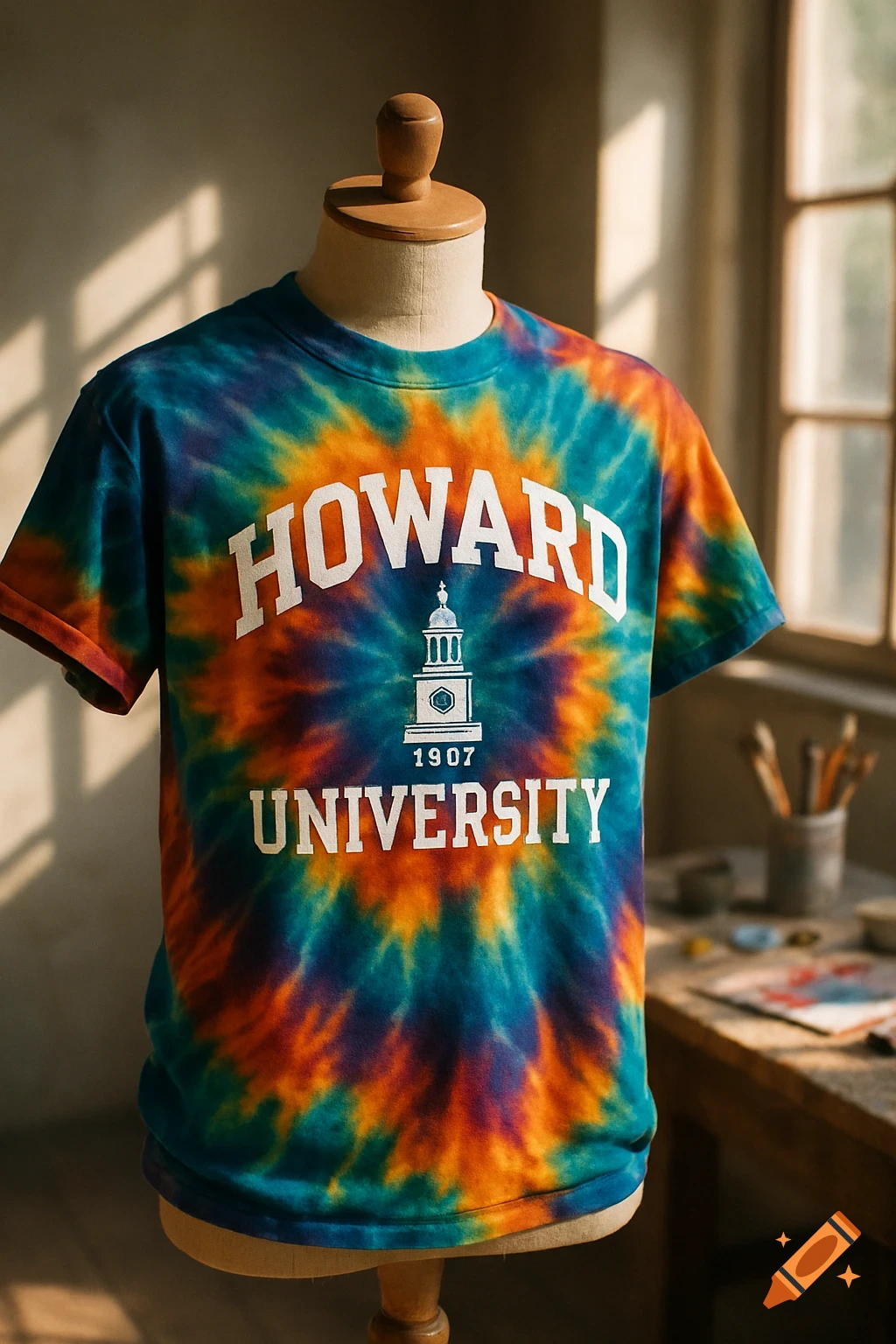 A vibrant blue, orange, and green tie-dye t-shirt with 'HOWARD UNIVERSITY 1907' on it, displayed on a wooden mannequin in a sunlit room.