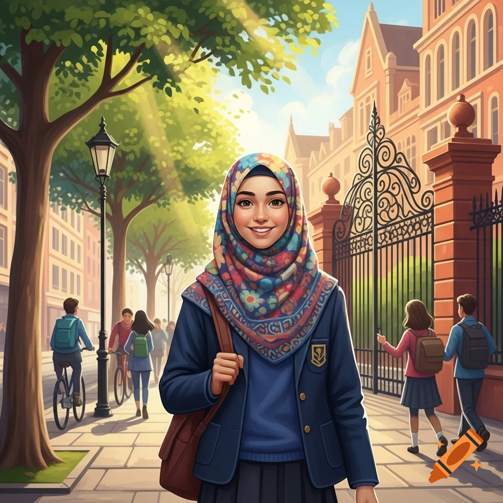 A smiling Muslim teenage girl in a colorful hijab and school uniform walks on a sunny street near a school building, in a cartoon style.