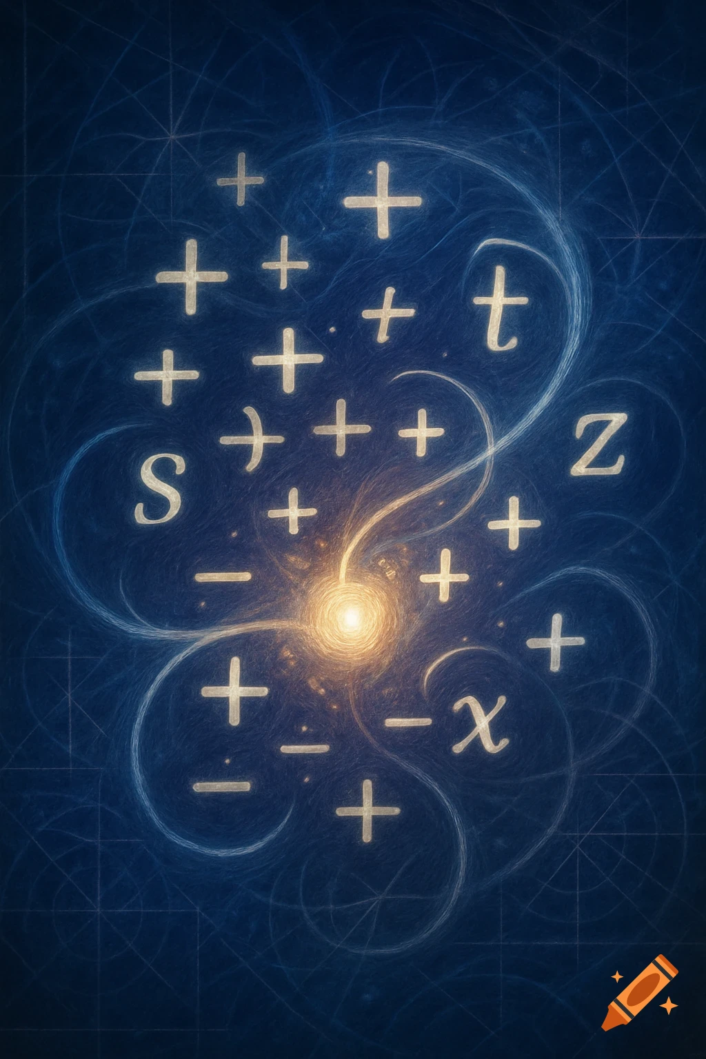 An abstract dark blue background with glowing white mathematical symbols and variables like plus, minus, S, t, Z, and x, arranged around a bright central light source, suggesting a complex calculation or concept.