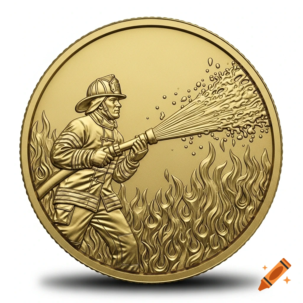 Gold coin in relief featuring a firefighter spraying water on flames.