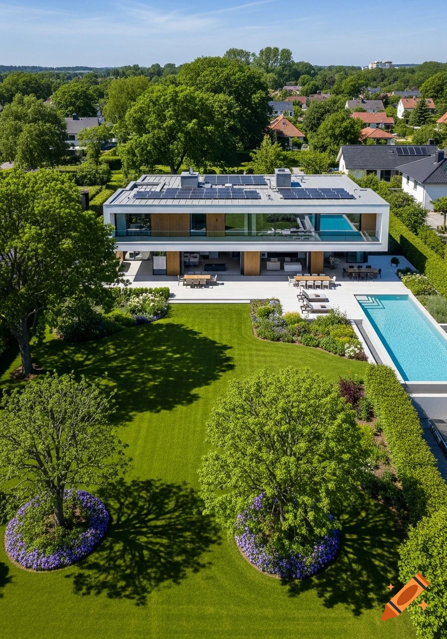 Aerial view of a luxurious modern house with solar panels, a large green lawn, a swimming pool, and landscaped gardens under a clear sky.
