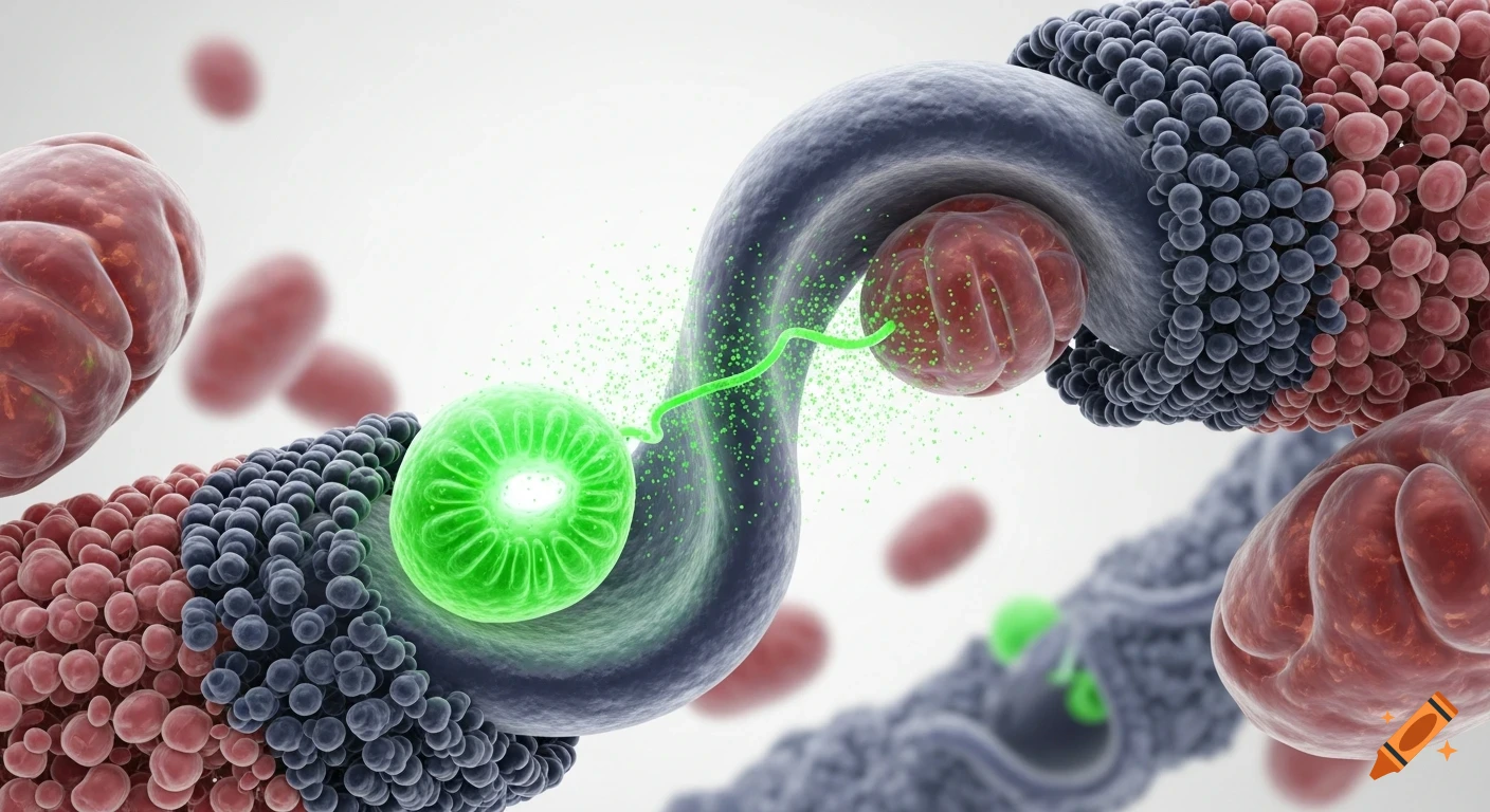 A photorealistic scientific illustration showing a complex cellular process with a glowing green sphere connected to a dark blue tubular structure, surrounded by red and blue cellular components on a white background.