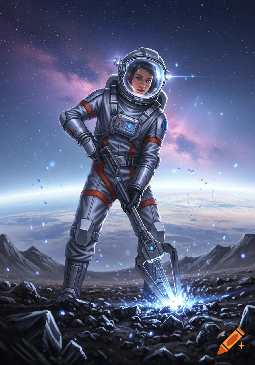 Female astronaut in a silver suit digs on a rocky alien planet with a futuristic tool, Earth visible in the starry sky. Digital art.