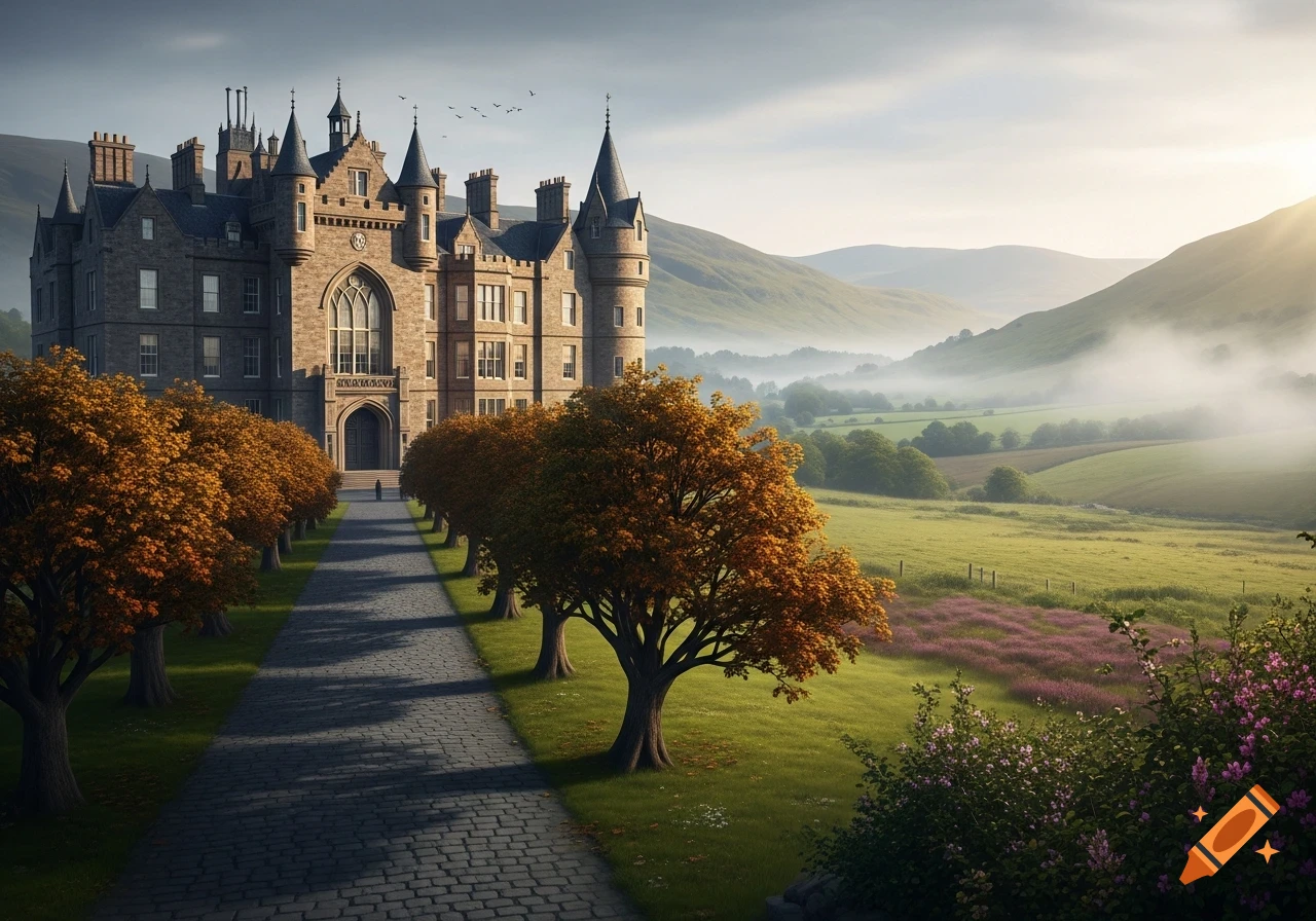 A grand stone manor with turrets on a paved driveway lined with autumn trees, set in a misty Scottish valley with rolling hills and sunlight.