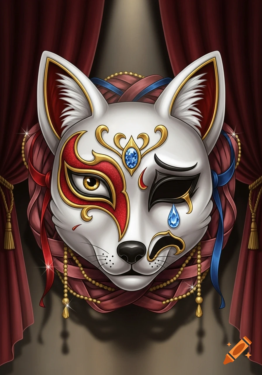 A stylized fox mask, half red and gold with an open eye, half black and gold with a closed eye and a blue tear, against red curtains.