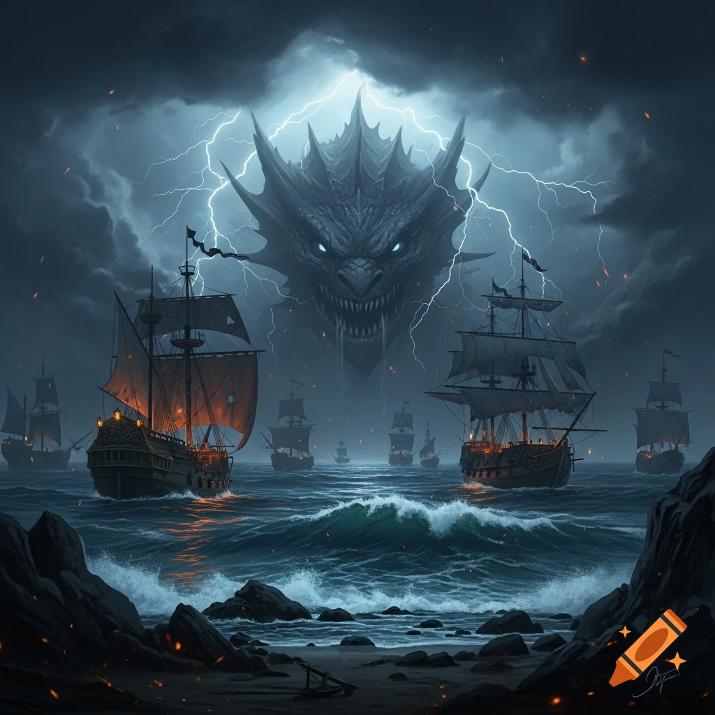 A huge, menacing monster head with glowing eyes rises from stormy clouds, lit by lightning. Below, a fleet of pirate ships navigates a turbulent, dark sea.
