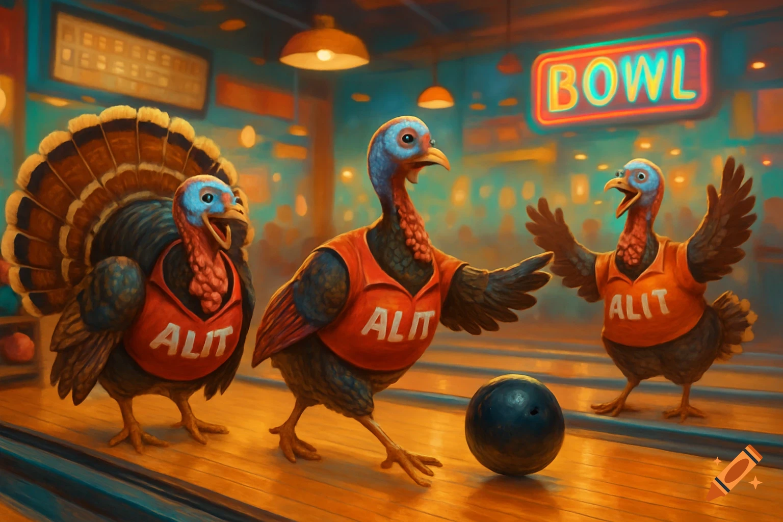 Three cartoonish turkeys in orange jerseys with 'ALIT' on them play bowling in a brightly lit alley.