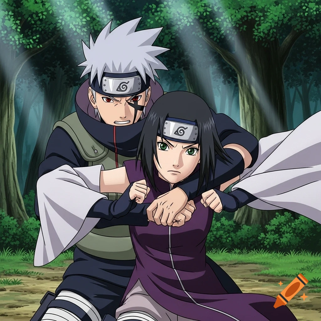 Anime characters in a forest, a white-haired male holding a black-haired female wearing Leaf Village headbands.