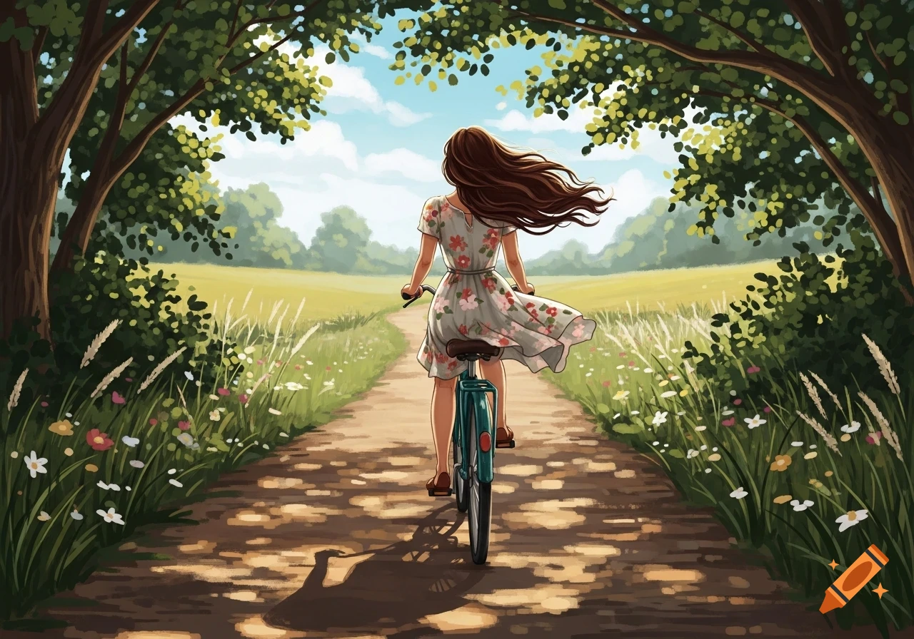 A woman with long brown hair rides a bicycle down a sun-dappled dirt path through a vibrant green meadow with trees.