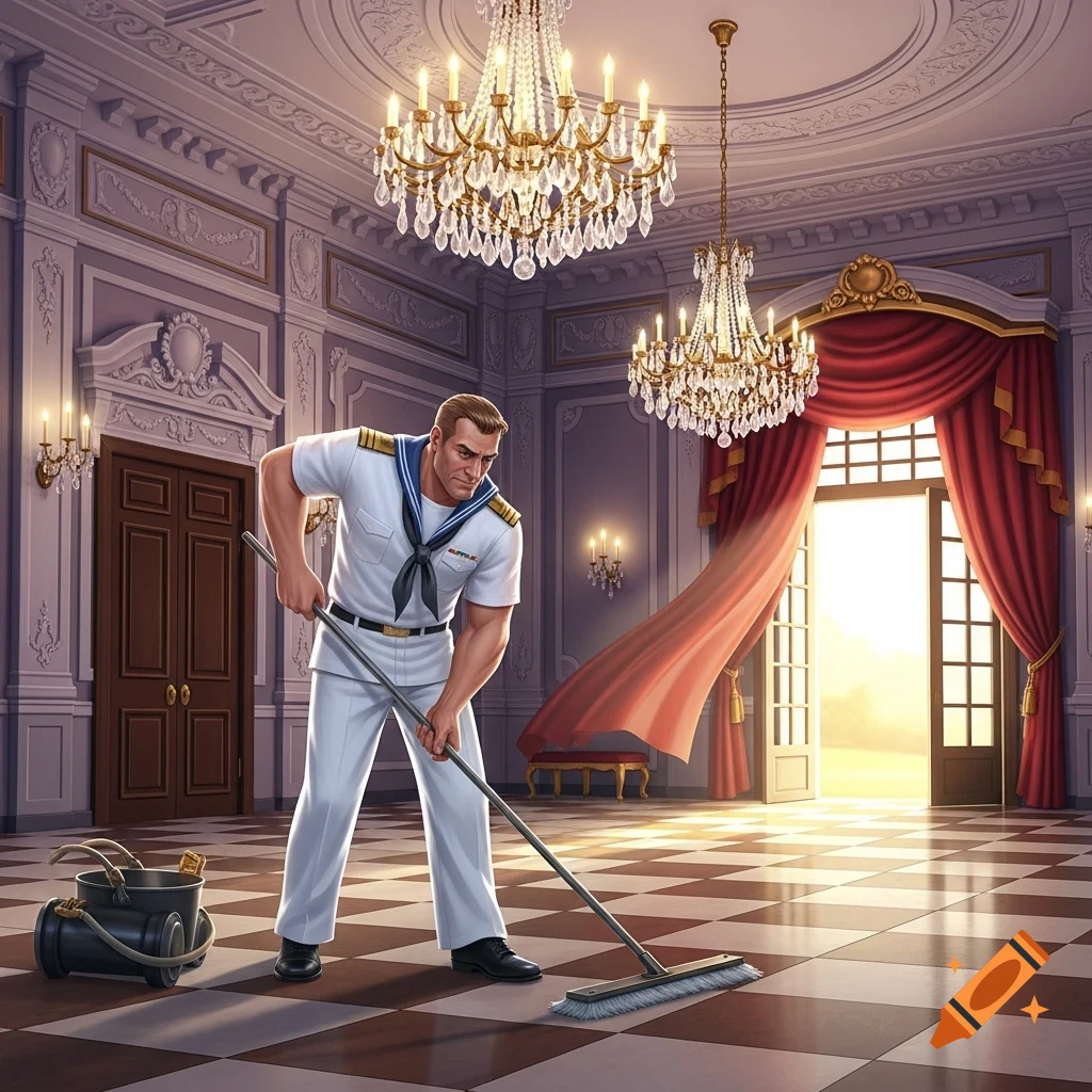 A muscular man in a white sailor uniform sweeps a grand, opulent room with a checkered floor, chandeliers, and a red curtain.