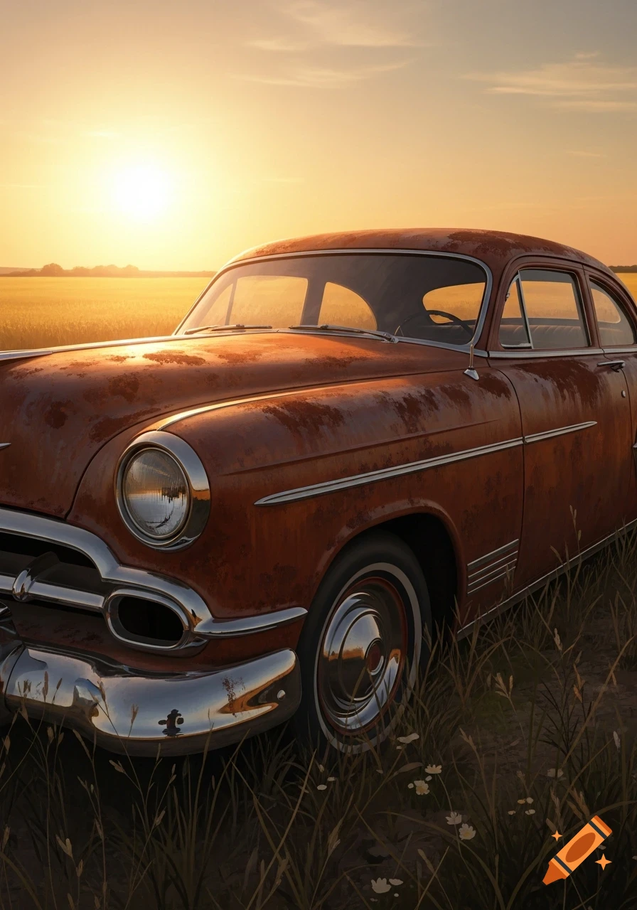 A rusty classic car parked in a golden field under a vibrant sunset.