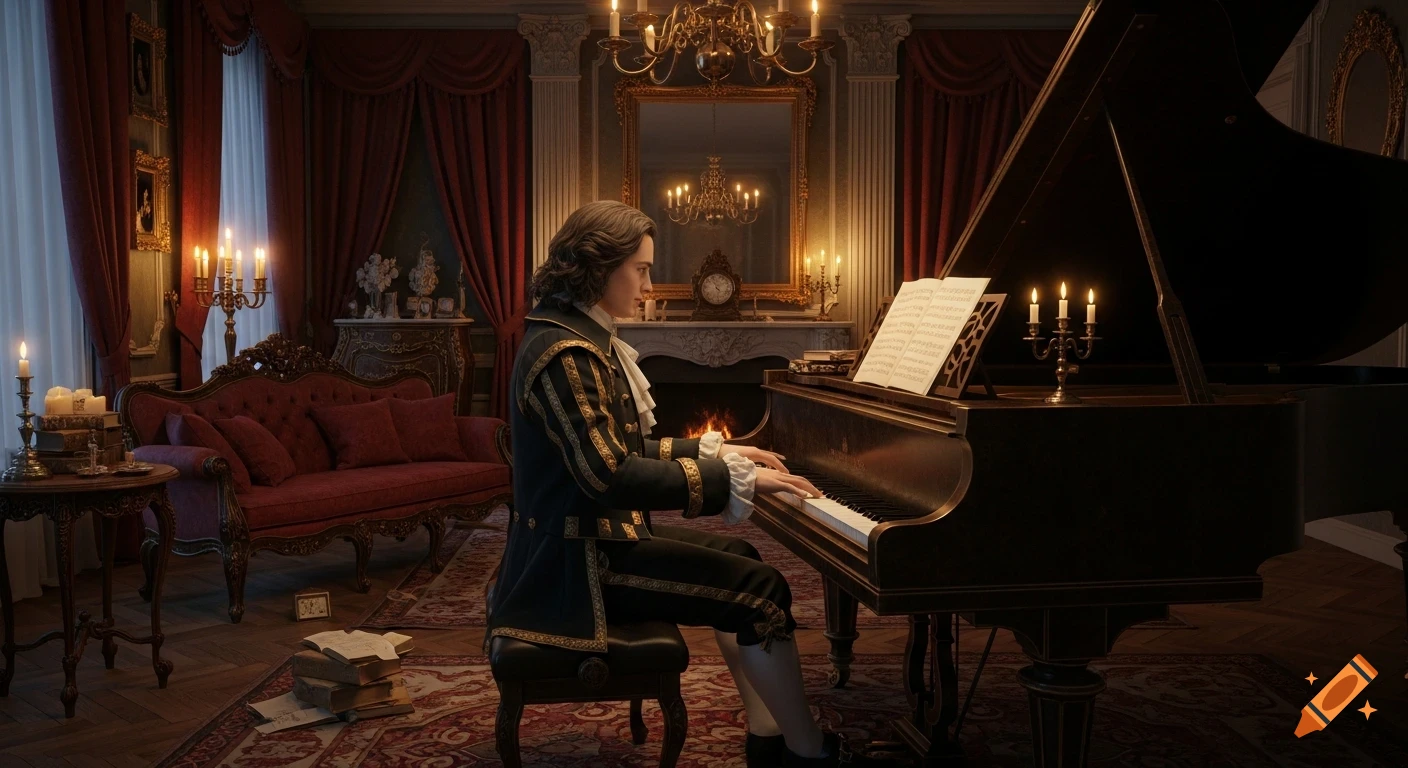 A musician in historical attire plays a grand piano in a lavish, candlelit Baroque living room with red curtains and ornate furniture.