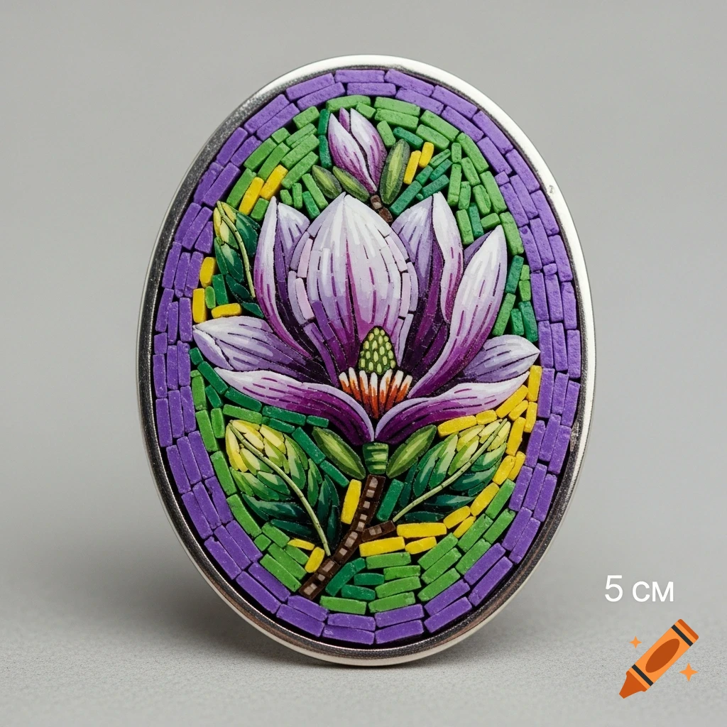 An oval micro-mosaic brooch featuring a purple magnolia flower with green and yellow accents, framed in metallic silver, indicated as 5 cm in size.