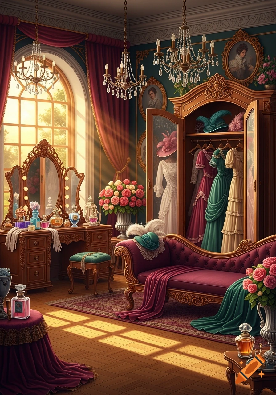 A lavish Victorian actress's dressing room with a large vanity, ornate wardrobe filled with dresses, and a crimson chaise lounge, bathed in sunlight.