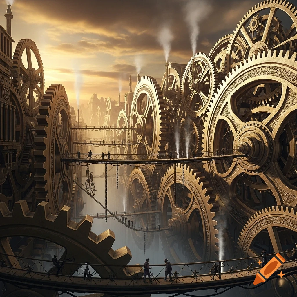A vast steampunk city with intricate golden gears, smokestacks, and ...