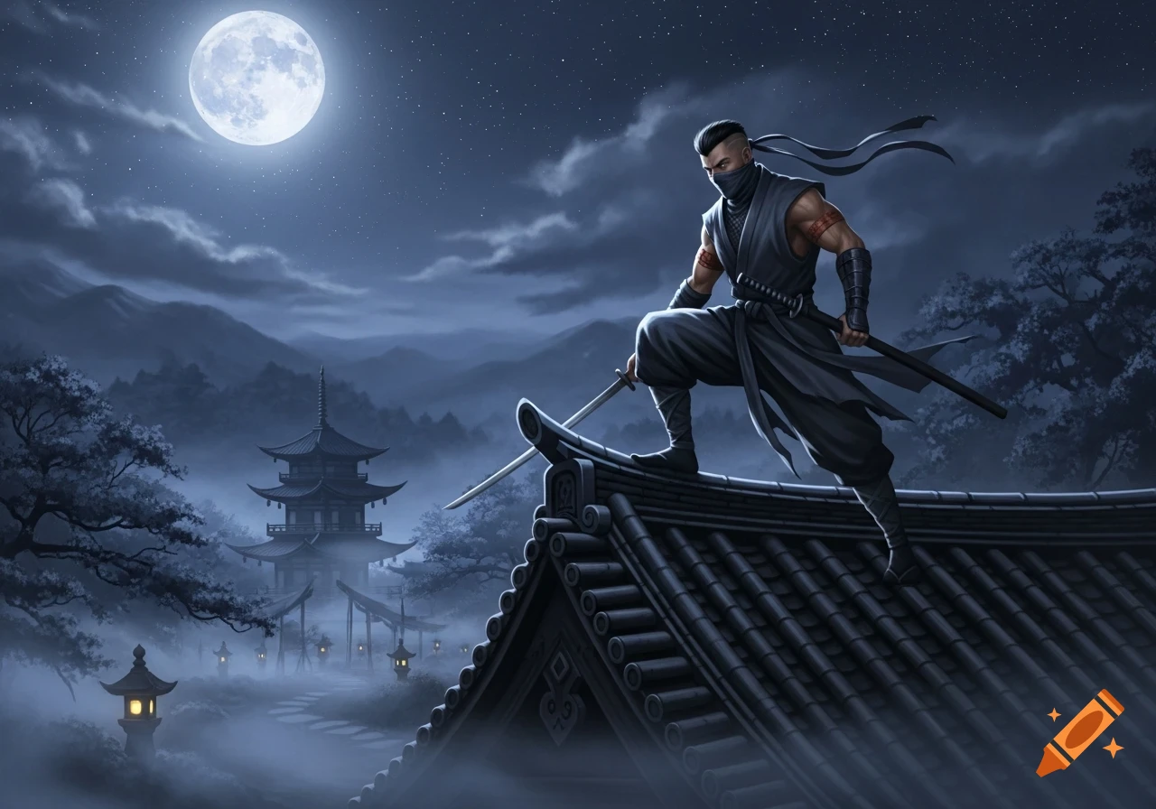 A ninja in black clothing poses on a curved tiled roof under a bright full moon, with a pagoda and misty mountains in the distance at night.