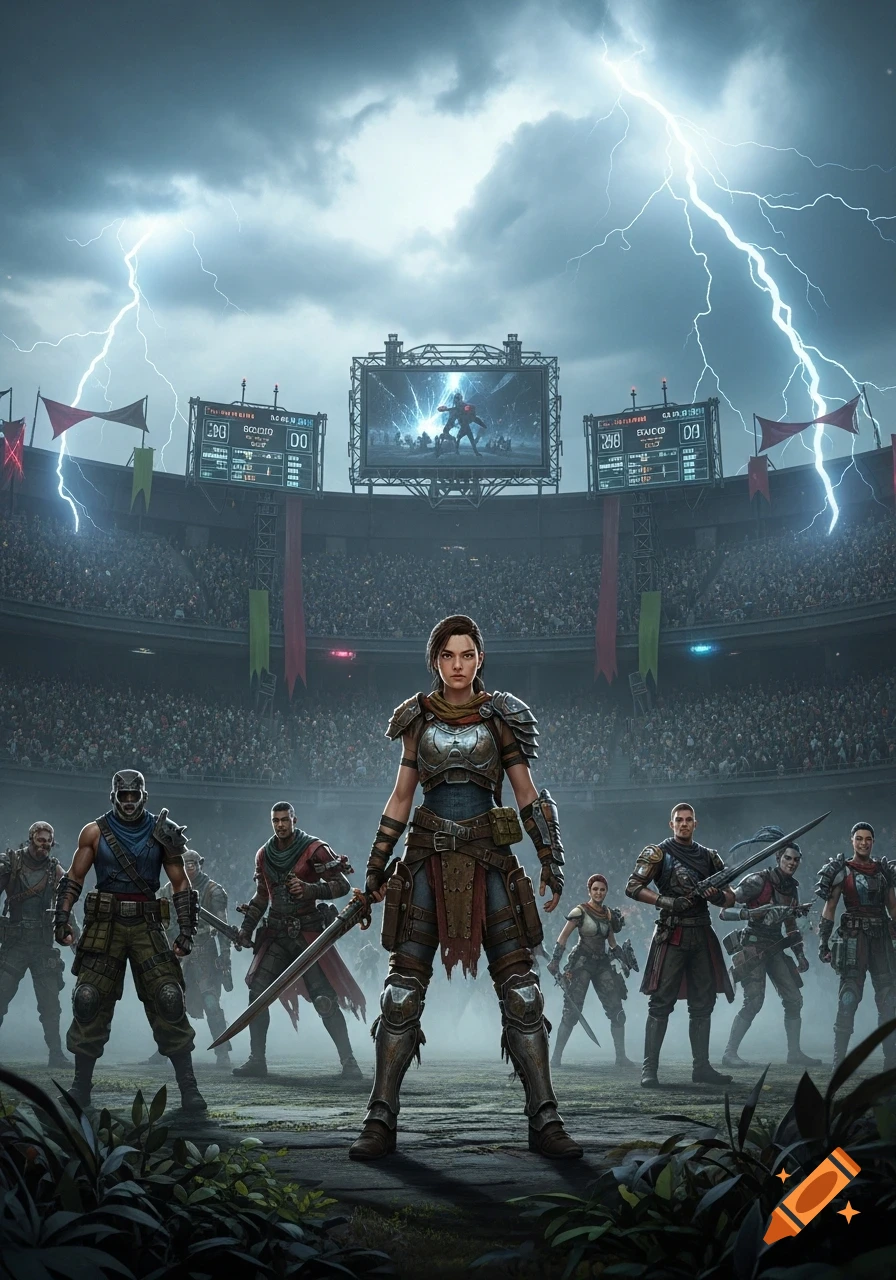 A female warrior in armor leads a group of armored fighters in a large stadium under a stormy sky with lightning. A crowd fills the stands.