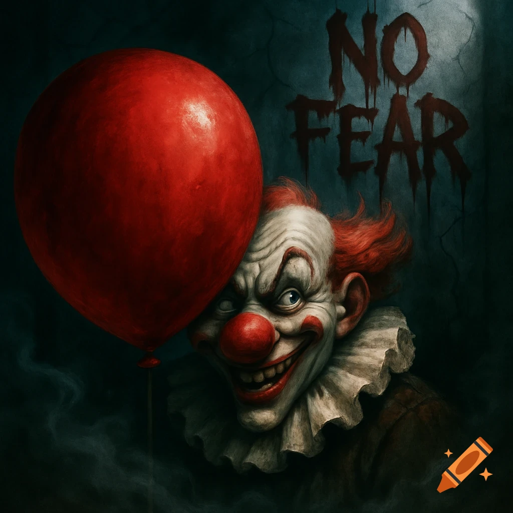 Creepy clown with red hair and white makeup grins from behind a large red balloon, with "NO FEAR" in blood-red text on a dark wall.